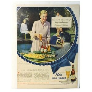 Pabst Beer Ad With 2 Pabst Paper Hats Actress Joan Fontaine Bar Decor Kitchen
